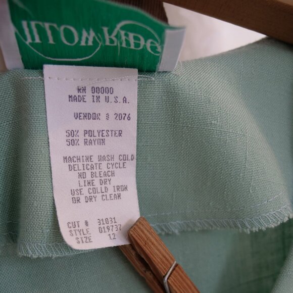 Vintage 1980s Mint Sage Green Linen Dress Button Front Retro 80s Thrift Dresses - Picture 7 of 12